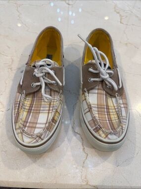 Sperry Women Plaid Canvas Boat Shoes in Beige and Yellow